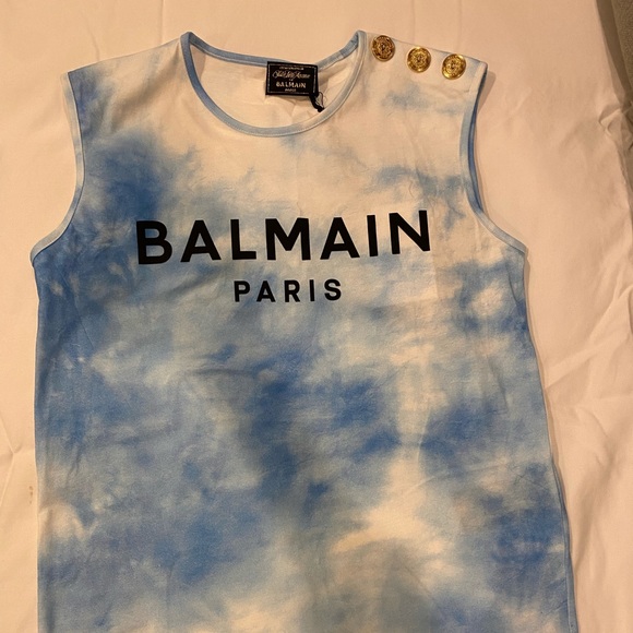 BNWT Balmain Blue Tye Dye Cap Sleeve Shirt - Picture 2 of 6